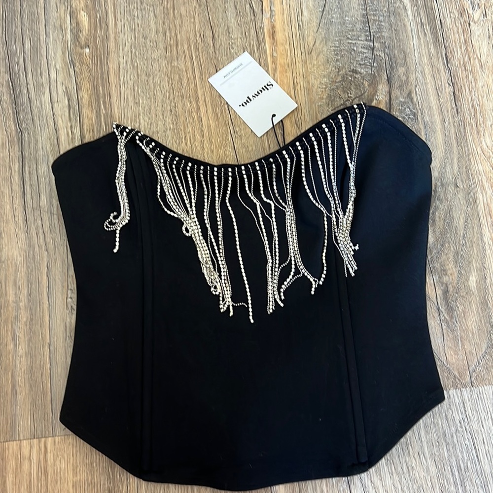 showpo size us 6 black corset top with rhinestone fringe new with tags